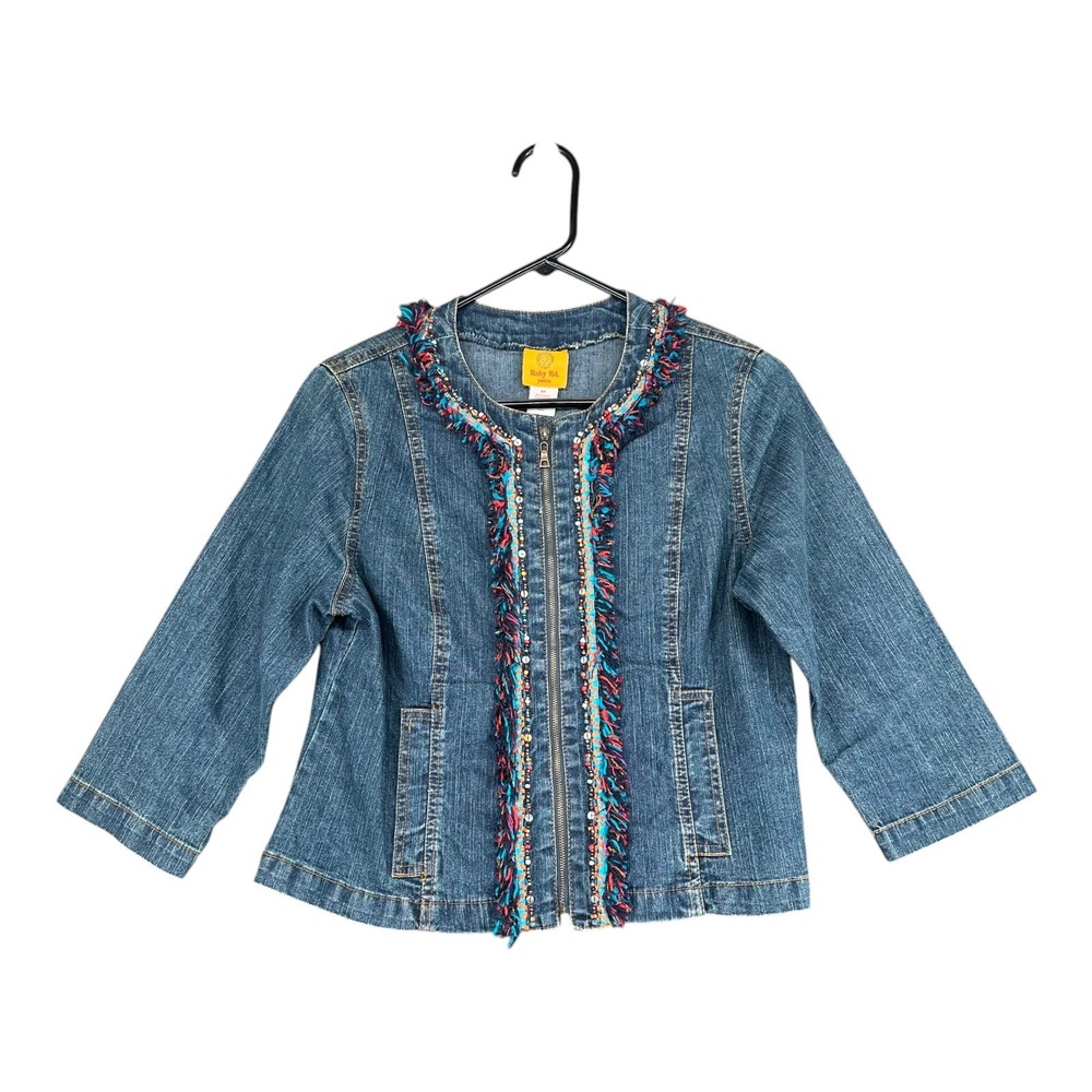 Ruby Rd Petites 8P Denim Jean Jacket Fringe Trim Artsy Boho Mature Casual